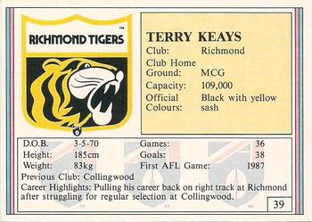 1992 AFL Regina #39 Terry Keays Back